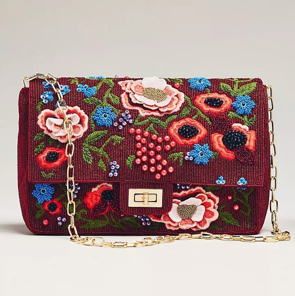 NWT Anthro Maeve Oversized Beaded Shoulder Bag - Red Floral